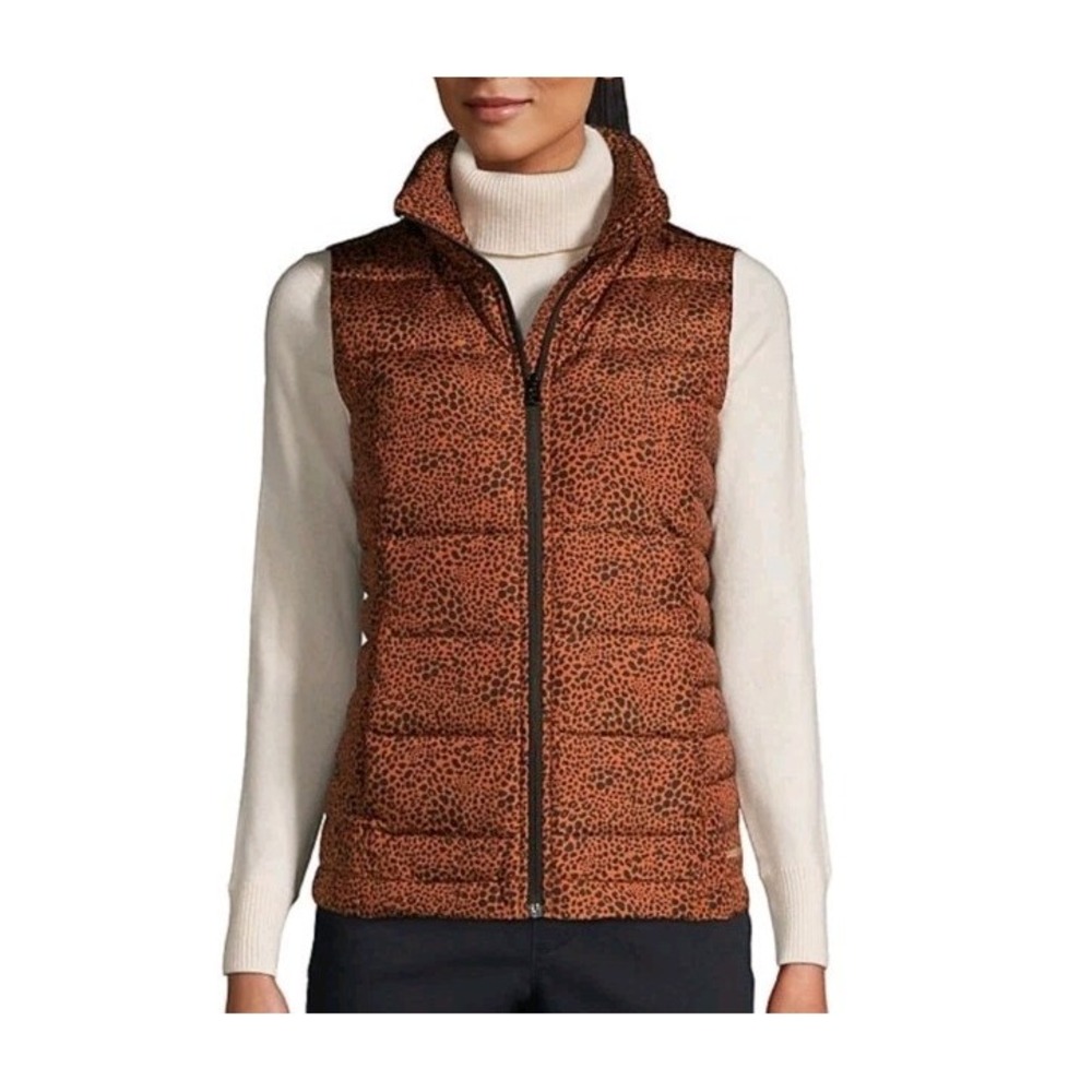 Lands' End Women's Down Puffer Vest Small Cheetah Print Full Zip